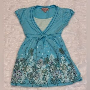 Knitworks Blue floral babydoll top with tie waist and cap sleeves